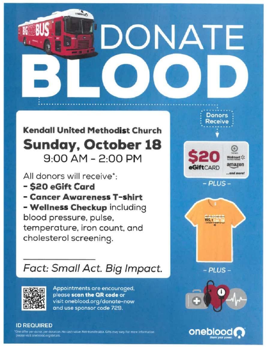 Kendall United Methodist Church Blood Drive - Sunday, October 18